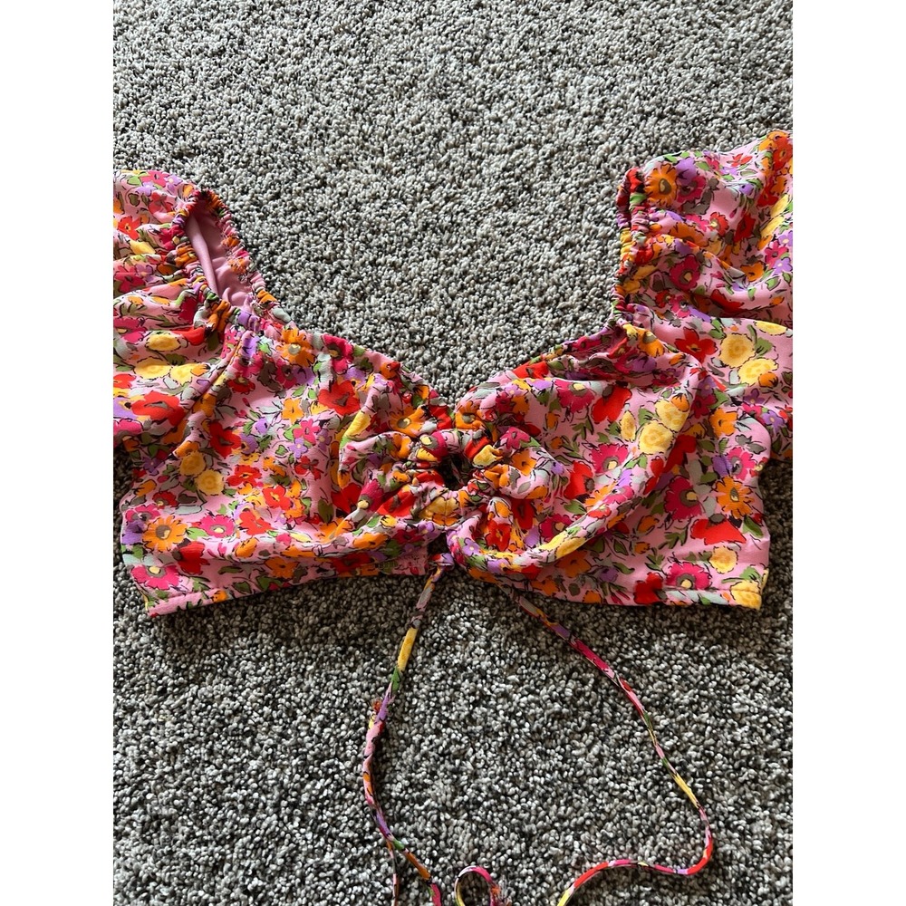 Wild Fable Puff Sleeve Keyhole Lace up Back pink Floral Bra Crop Top Size Medium - Picture 2 of 10